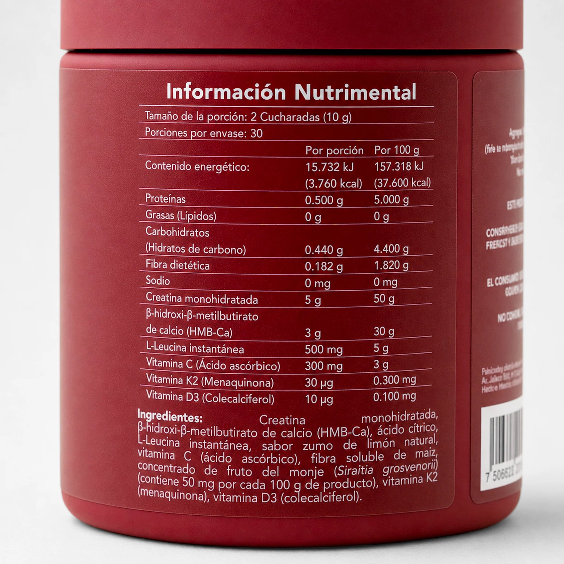 Creatine + HMB BENE — reverso del envase con ingredientes y dosificación