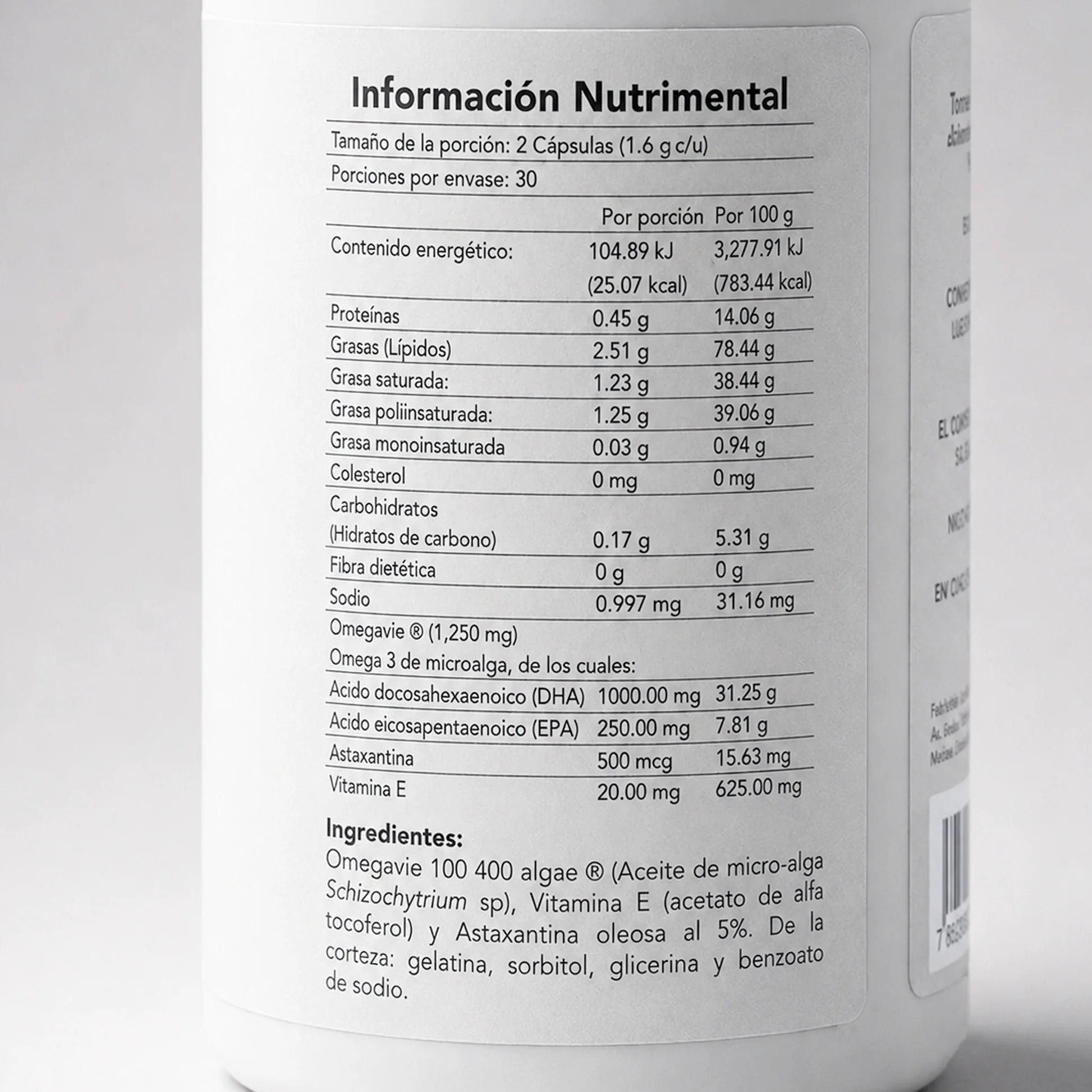 High DHA Omega 3 BENE — reverso del envase con ingredientes y dosificación