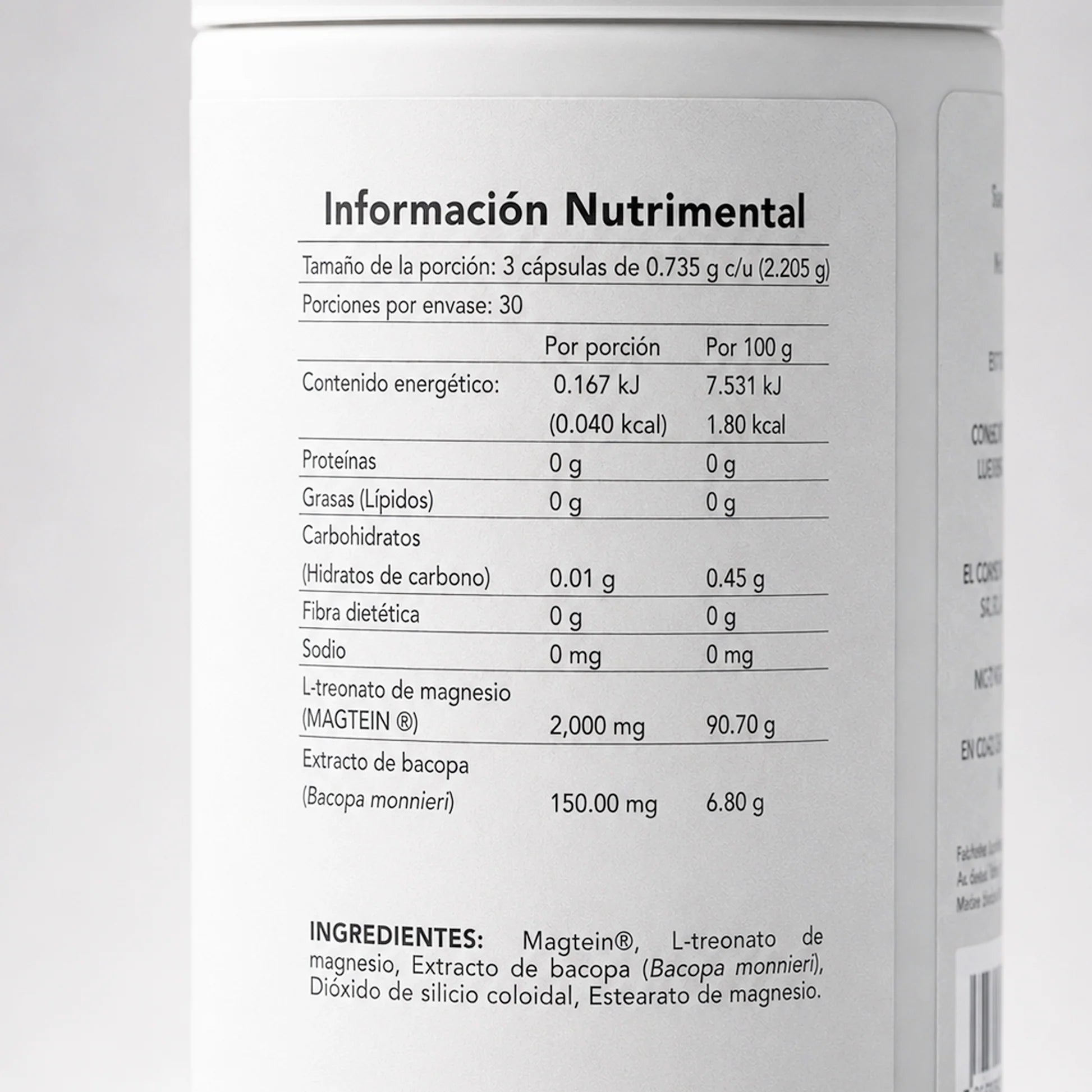 Magnesium L-Threonate + Bacopa BENE — reverso del envase con ingredientes y dosificación