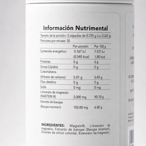 Magnesium L-Threonate + Bacopa BENE — reverso del envase con ingredientes y dosificación