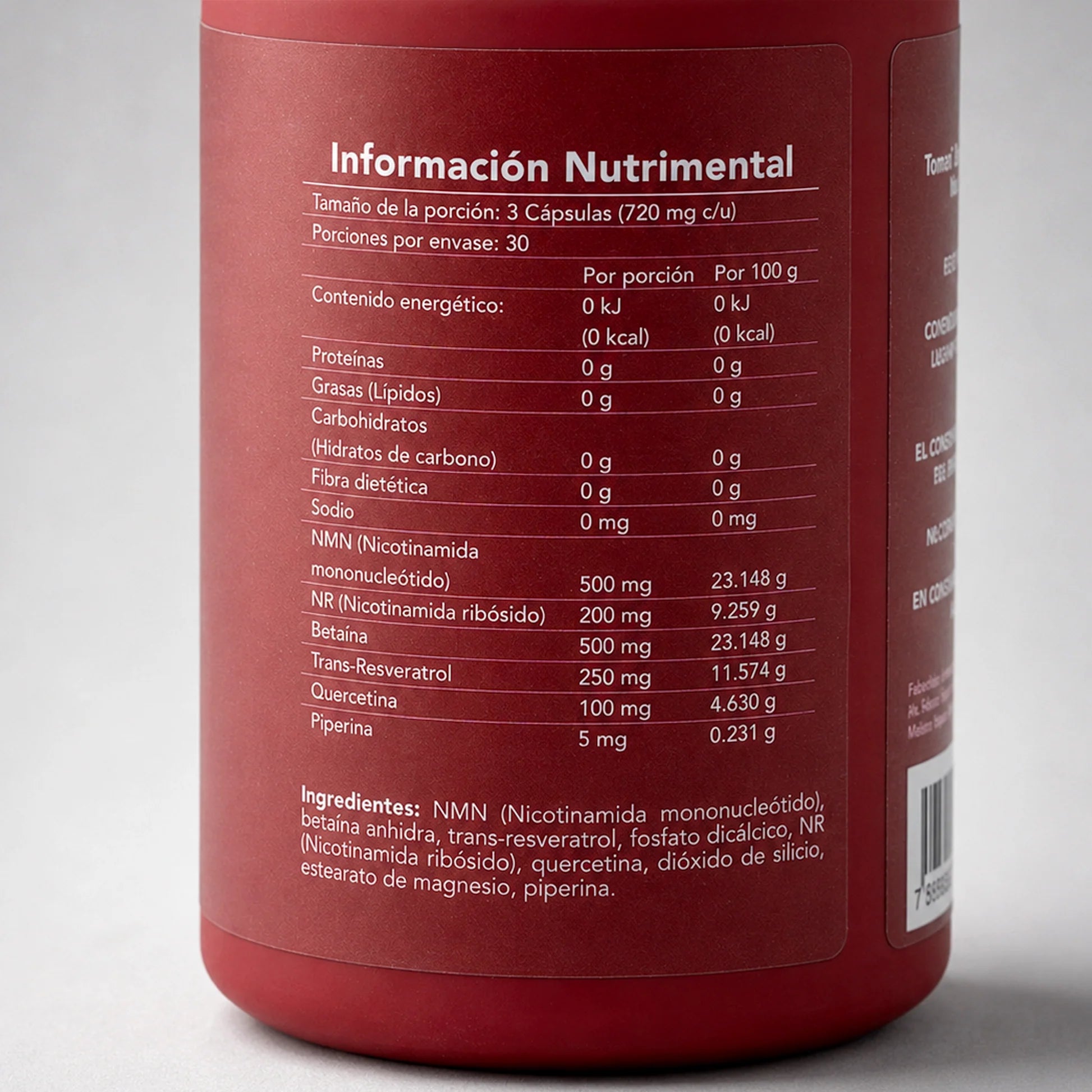 NAD+ Complex BENE — reverso del envase con ingredientes y modo de uso