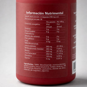 NAD+ Complex BENE — reverso del envase con ingredientes y modo de uso