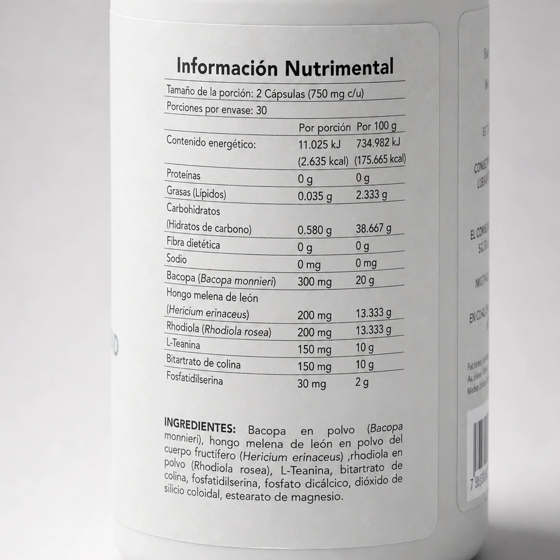 Daily Nootropic Blend BENE — reverso del envase con ingredientes y modo de uso