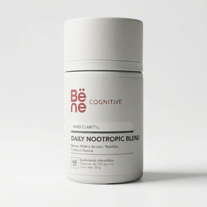 Daily Nootropic Blend BENE — frente del envase, nootrópico con melena de león, bacopa y rhodiola