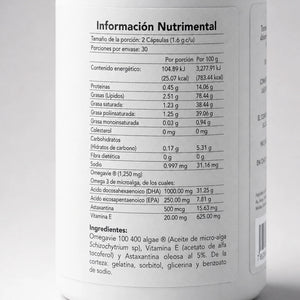 High DHA Omega 3 BENE — reverso del envase con ingredientes y dosificación